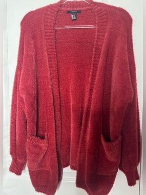 Forever 21 Red Fuzzy Open-Front Cardigan Sweater cozy stretch oversized Sz SM